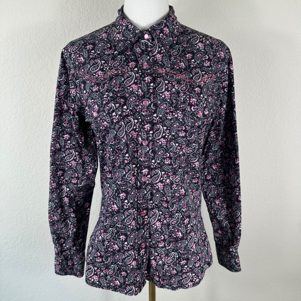 Cowgirl Hardware Western Shirt Women M Black Pink Paisley Pearl Snaps Rodeo Top
